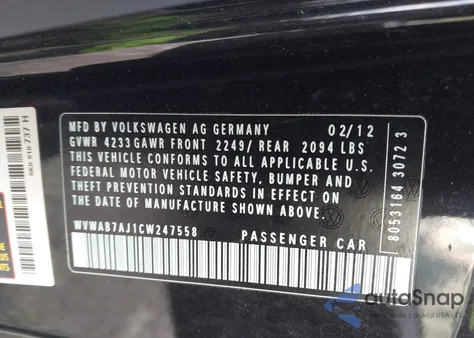 2012 Volkswagen Golf 2.5L 2-Door z USA, uszkodzony, nr VIN WVWAB7AJ1CW247558